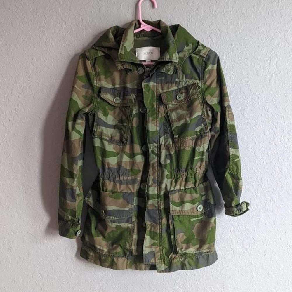 J.Crew camo green hooded jacket, size XXS